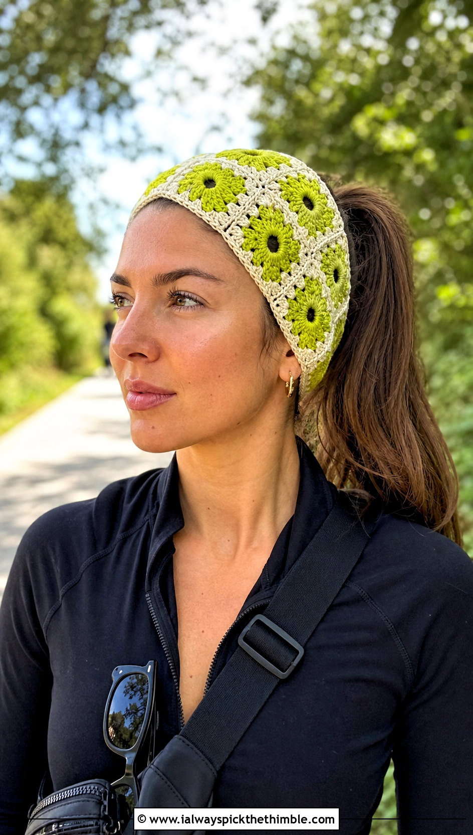 Granny Square Crocheted Flower Headband With Activewear - 15 colorful crocheted headband with flower outfit ideas