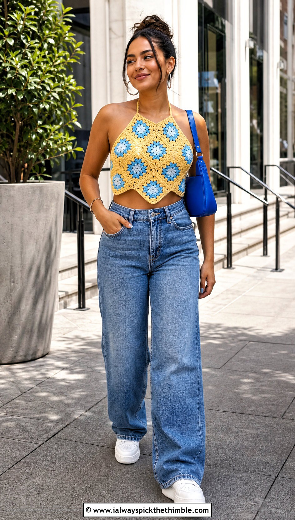Granny Square Crocheted Halter Top With Wide Leg Jeans - 20 crocheted halter tops outfit ideas