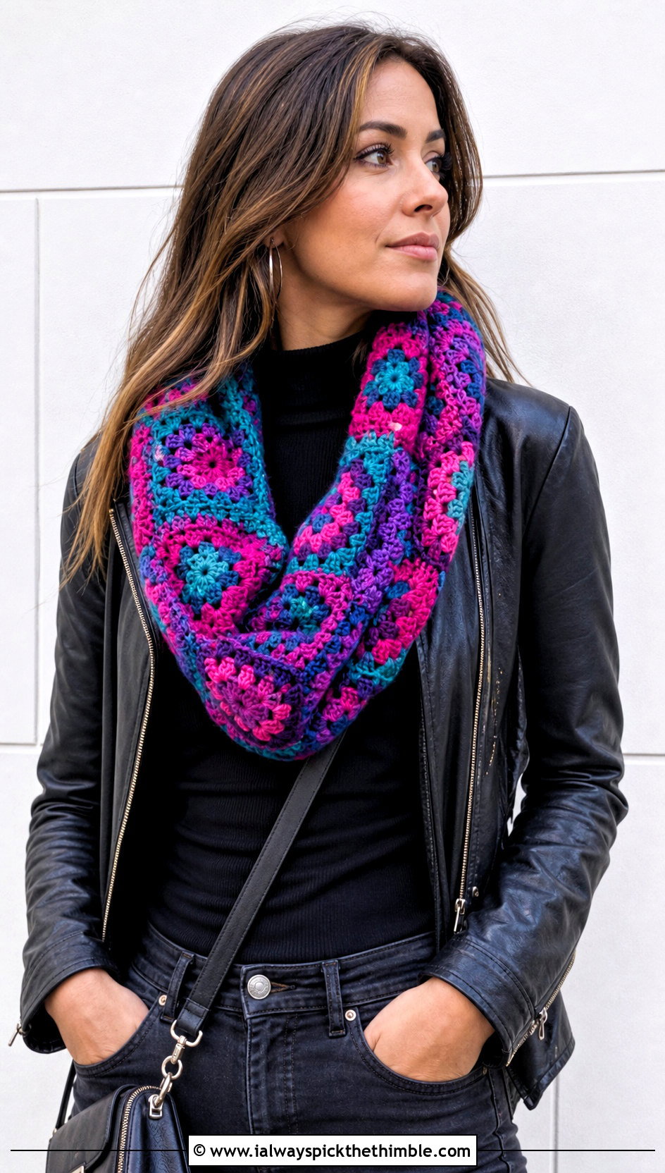 Granny Square Crocheted Infinity Scarf With Leather Jacket - 20 Crocheted Infinity Scarf outfit ideas