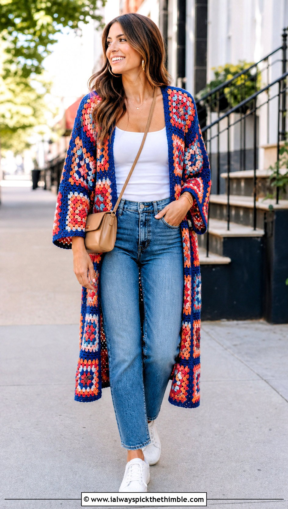 Granny Square Crocheted Kimono With Straight Leg Jeans - 20 Crocheted Kimono outfit ideas