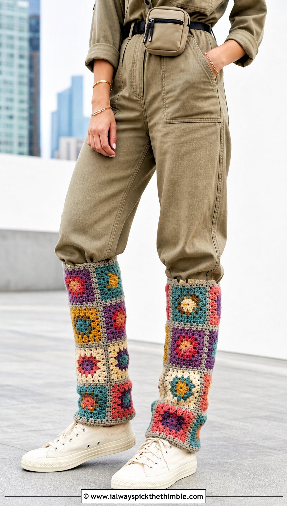 Granny Square Crocheted Leg Warmers With A Utility Jumpsuit - 25 Crocheted Leg Warmers outfit ideas