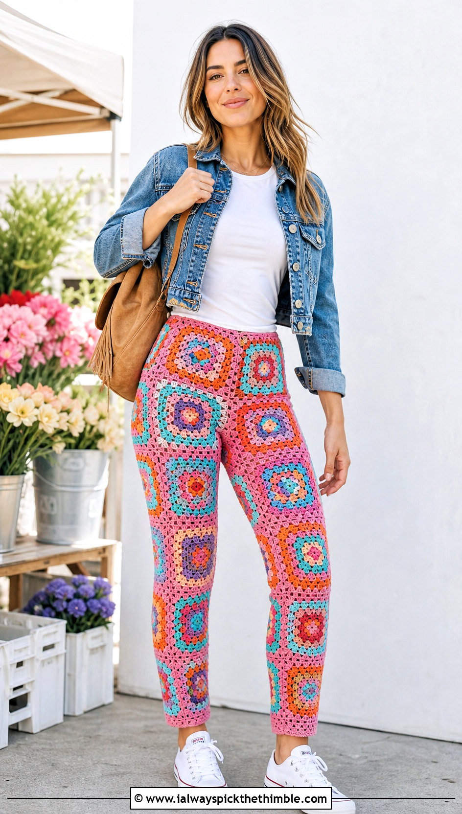 Granny Square Crocheted Leggings With Denim Jacket - 20 Crocheted Leggings outfit ideas