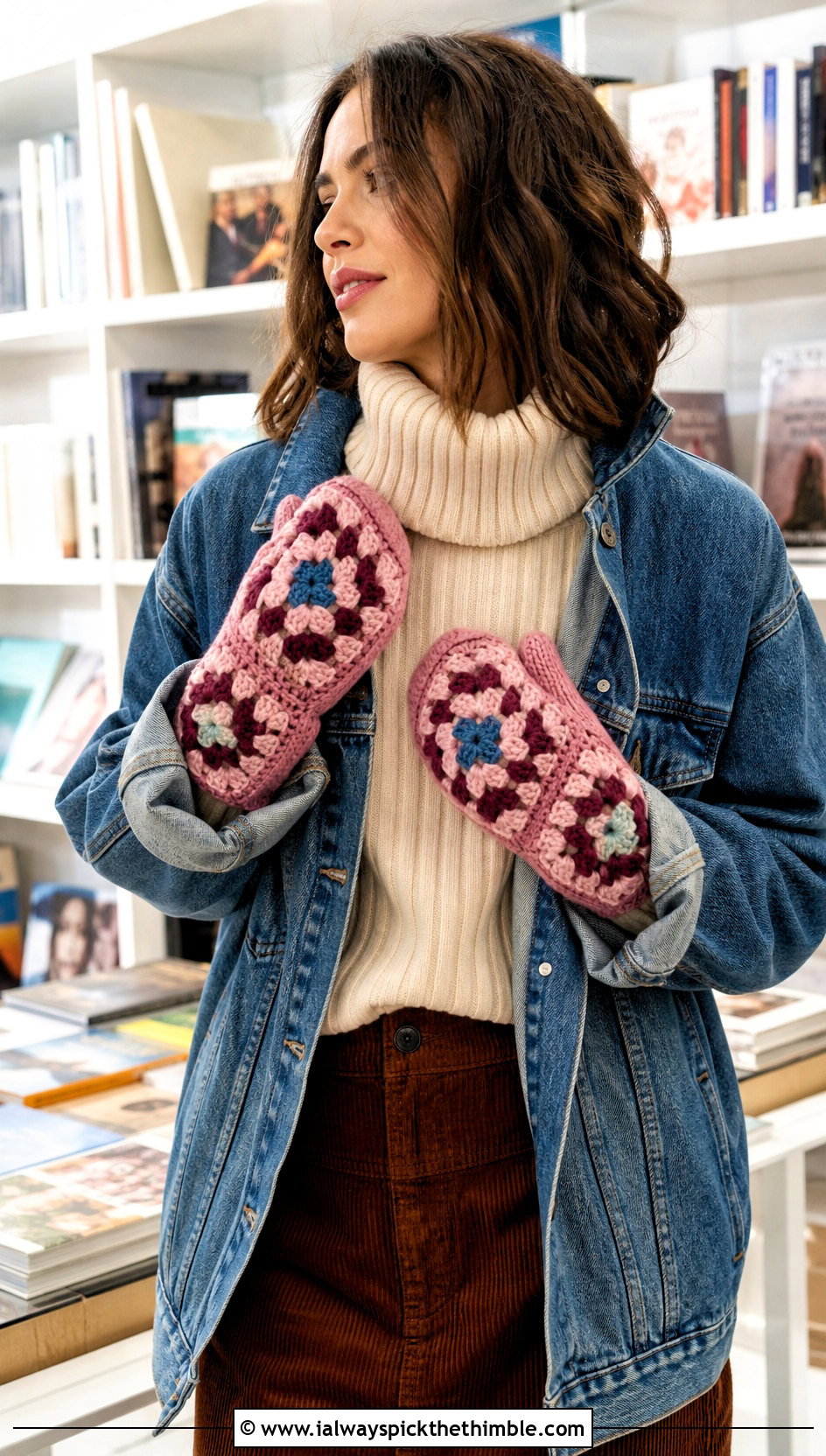 Granny Square Crocheted Mittens With Denim Jacket - 20 Easy Crocheted Mittens outfit ideas