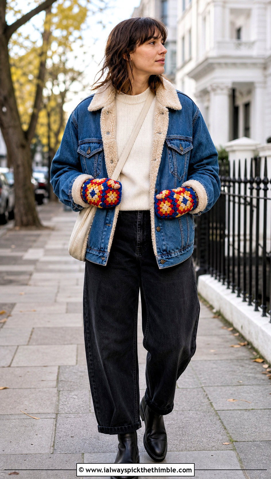 Granny Square Crocheted Mittens With Denim Jacket - 20 Crocheted Mittens outfit ideas