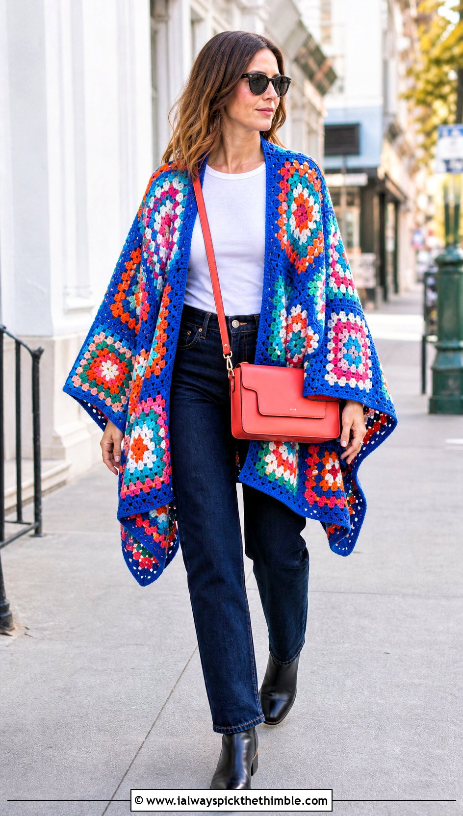 Granny Square Crocheted Ruana With Straight Leg Jeans - 20 Crocheted Ruana outfit ideas