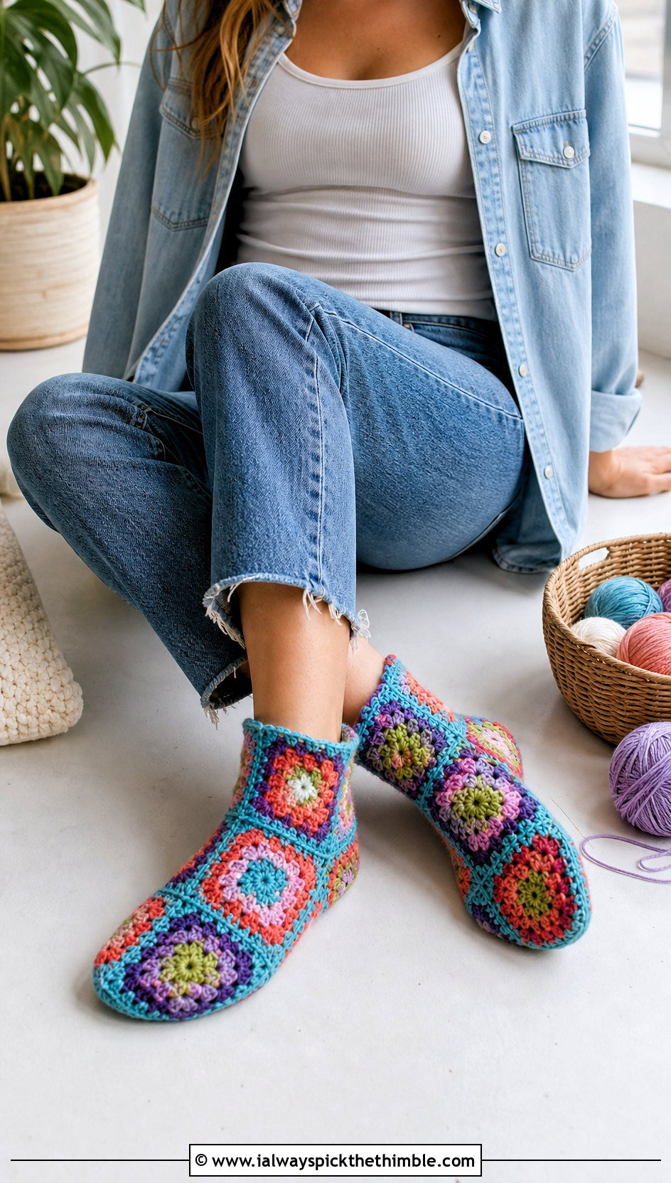 Granny Square Crocheted Slipper Socks With Denim Shirt - 15 Crocheted Slipper Socks outfit ideas