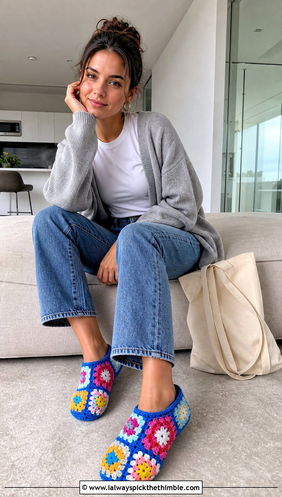 Granny Square Crocheted Slippers With Straight Leg Jeans - 20 ladies crocheted slippers outfit ideas