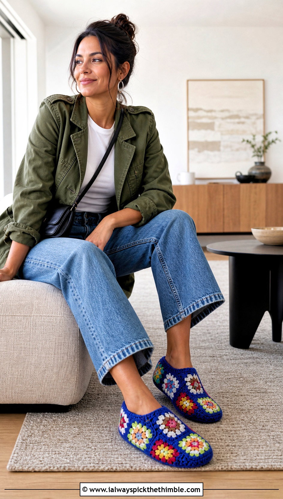 Granny Square Crocheted Slippers With Wide Leg Jeans - 20 Easy Crocheted Slippers outfit ideas