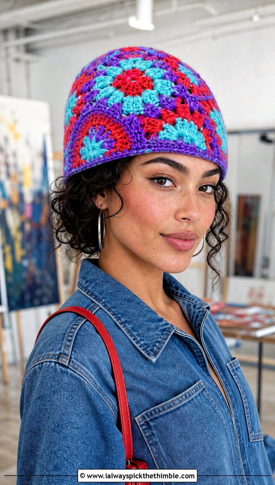 Granny Square Crocheted Stocking Cap With Denim Jumpsuit - 15 Crocheted Stocking Cap outfit ideas