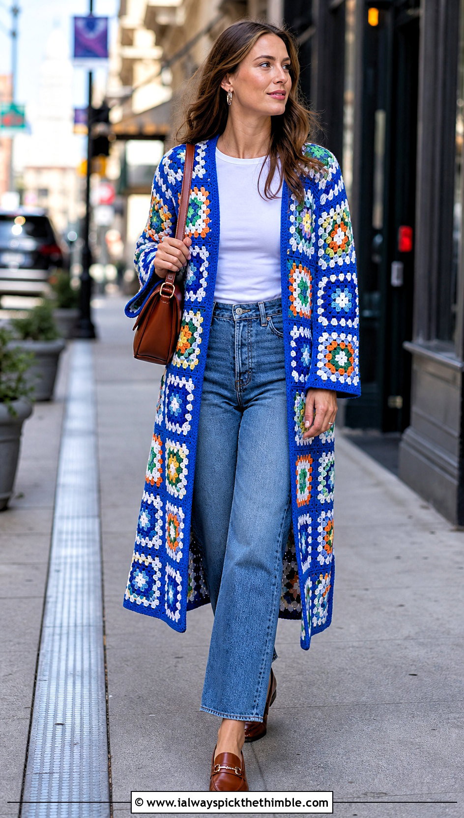 Granny Square Crocheted Sweater Coat With Straight Jeans - 15 colorful crocheted sweater coat outfit ideas