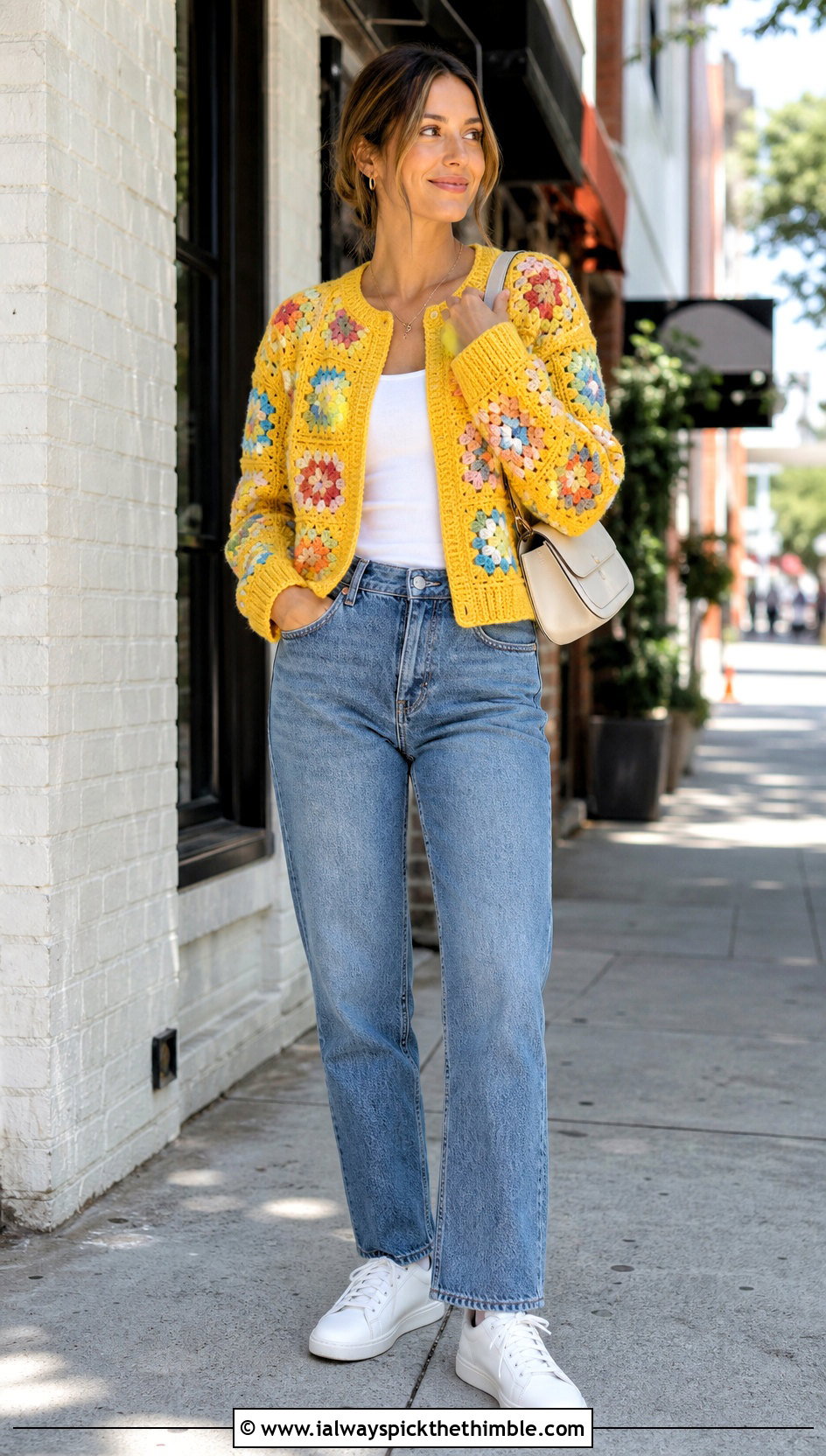 Granny Square Crocheted Sweater With Straight Leg Jeans - 20 Crocheted Sweater Outfit ideas