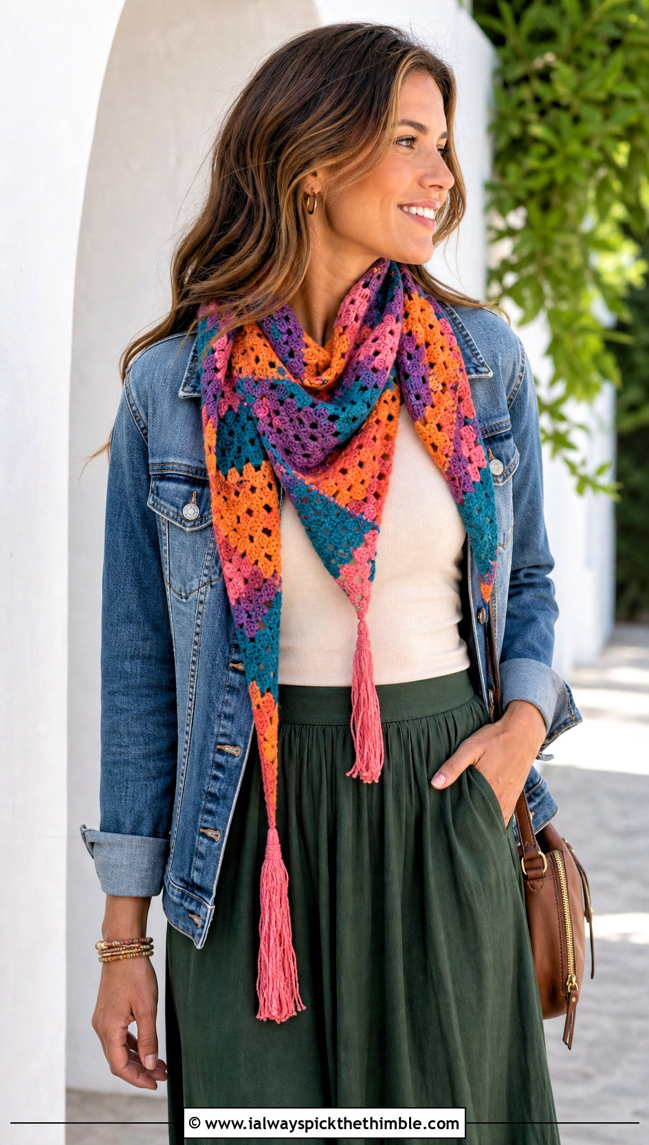 Granny Square Crocheted Triangle Scarf With Denim Jacket And Maxi Skirt - 20 Crocheted Triangle Scarf outfit ideas