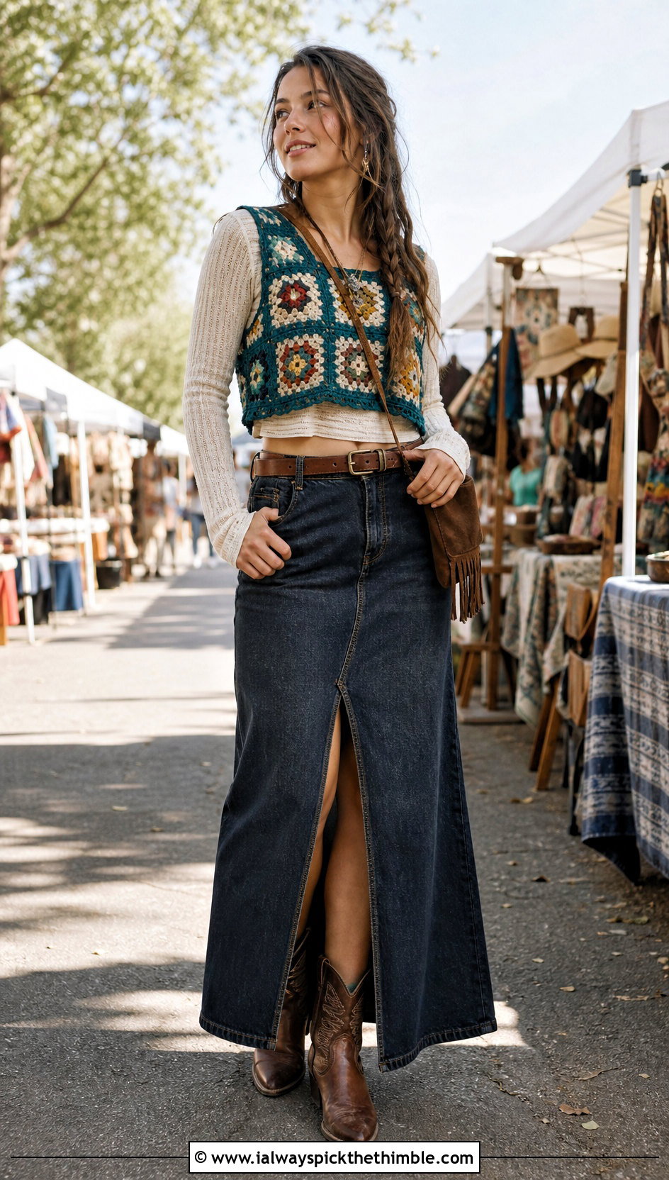 Granny Square Crop Crochet Fairy Grunge Top With Denim Midi Skirt - 20 Crochet Fairy Grunge Top outfit ideas