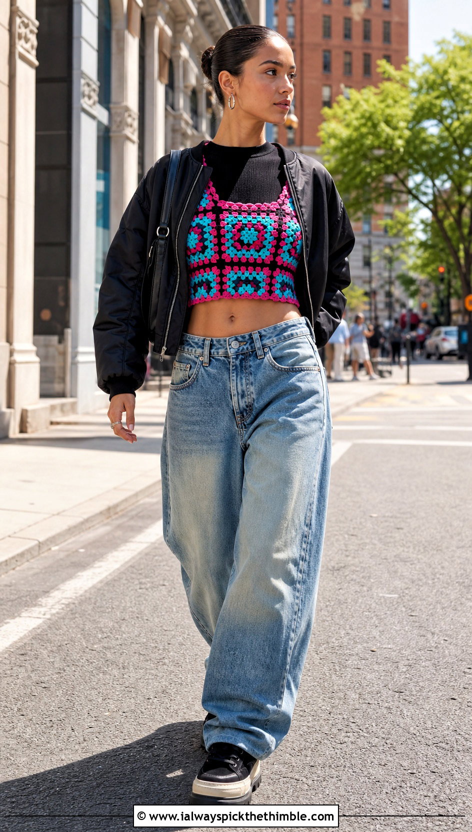 Granny Square Crop Top With Baggy Jeans - 25 crochet fall top outfit ideas