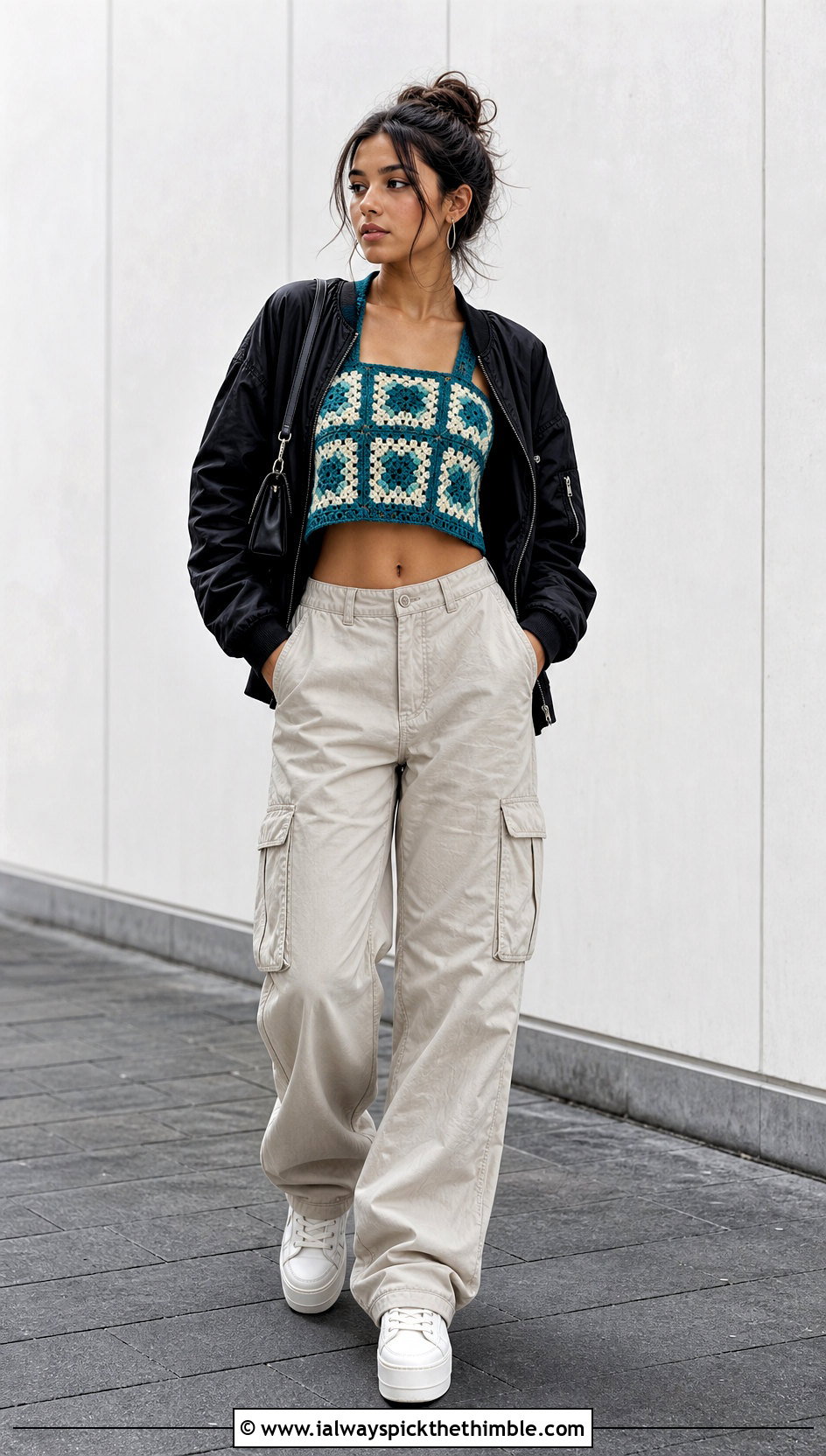 Granny Square Crop Top With Cargo Pants - 20 crochet granny square clothing and outfit ideas