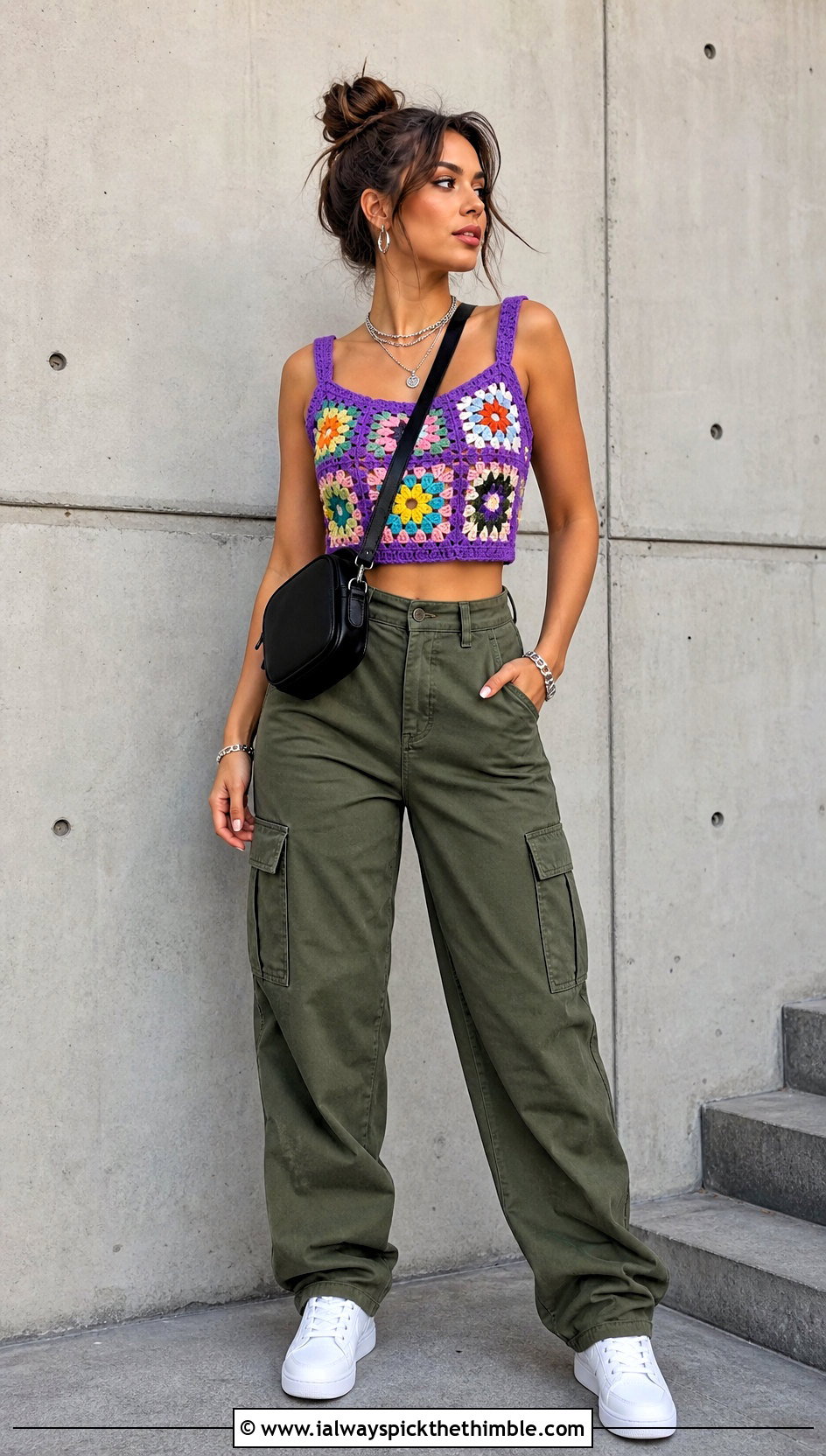Granny Square Crop Top With Cargo Pants - 25 easy crochet tops outfit ideas