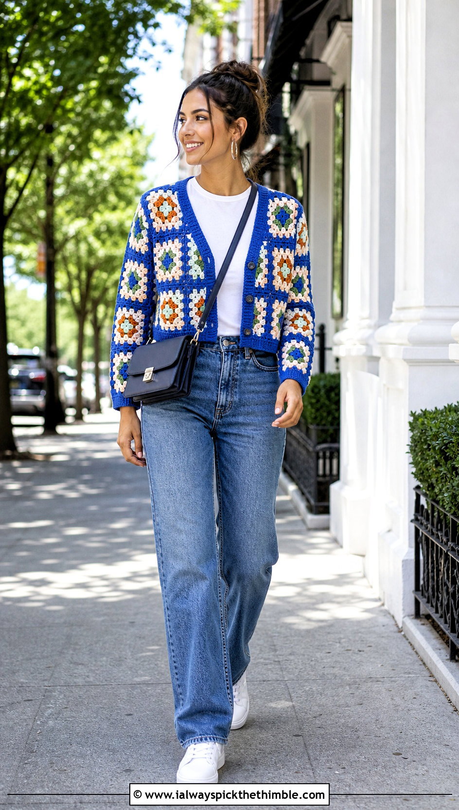 Granny Square Cropped Cardigan With Straight Leg Jeans - 20 Easy Crochet Cropped Cardigan outfit ideas