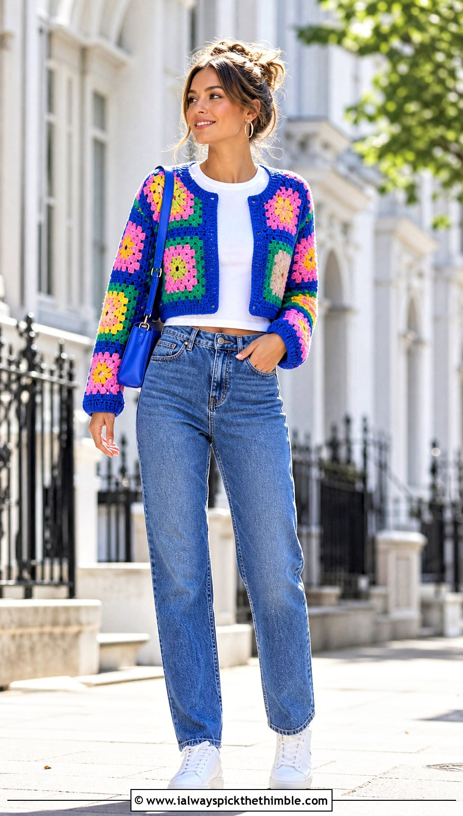 Granny Square Cropped Cardigan With Straight Leg Jeans - 15 colorful crocheted cardigan on hook outfit ideas