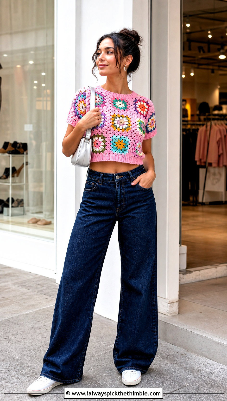 Granny Square Cropped Crochet Short Sleeve Sweater With Wide Leg Jeans - 20 Crochet Short Sleeve Sweater outfit ideas
