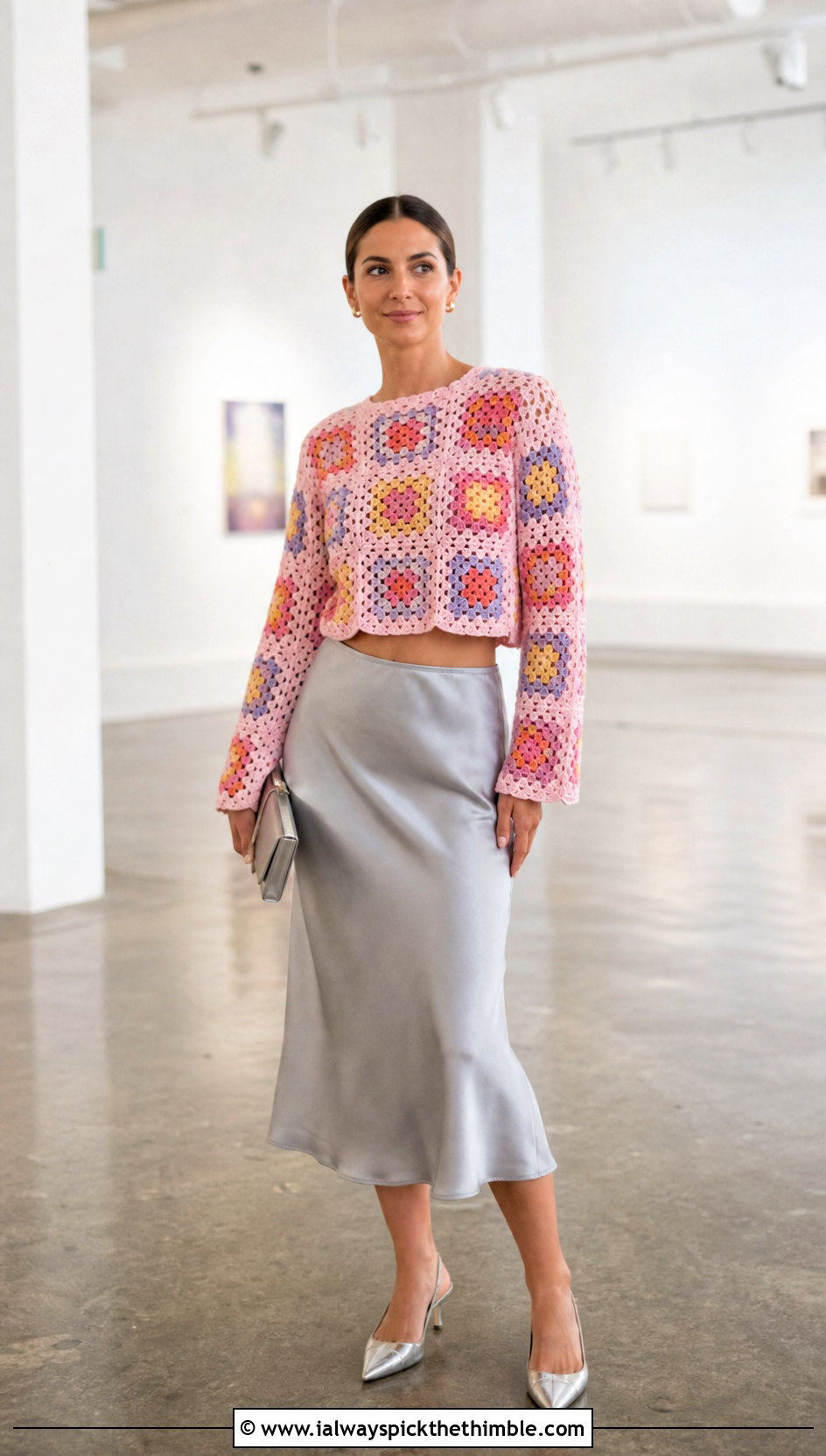 Granny Square Cropped Crochet Sweater With Satin Skirt - 25 cropped crochet sweater outfit ideas