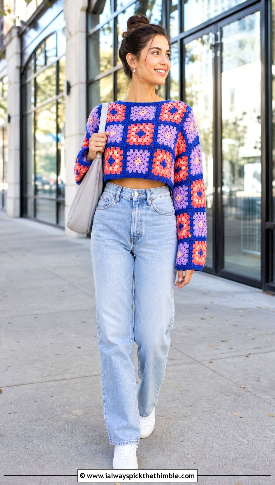 Granny Square Cropped Crochet Sweater With Straight Leg Jeans - 20 Easy Crochet Cropped Sweater outfit ideas