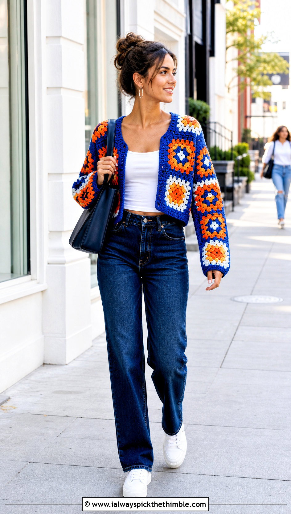 Granny Square Cropped Crochet Sweater With Straight Leg Jeans - 25 crop crochet sweater outfit ideas
