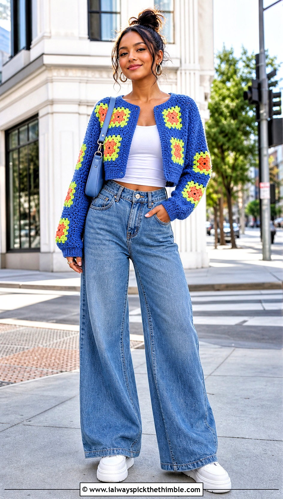 Granny Square Cropped Crochet Sweater With Wide Leg Jeans - 15 Crochet For Ladies Sweaters outfit ideas