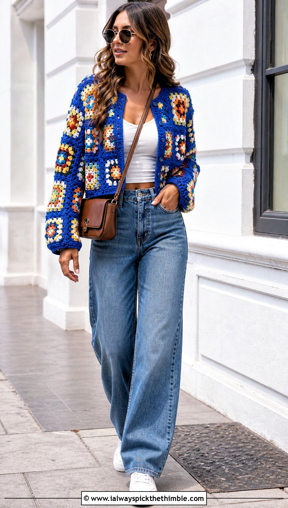 Granny Square Cropped Sweater With Wide Leg Jeans - 25 summer crochet sweater outfit ideas