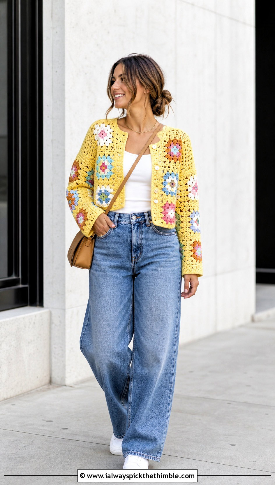 Granny Square Cropped Sweater With Wide Leg Jeans - 20 summer crochet sweaters outfit ideas