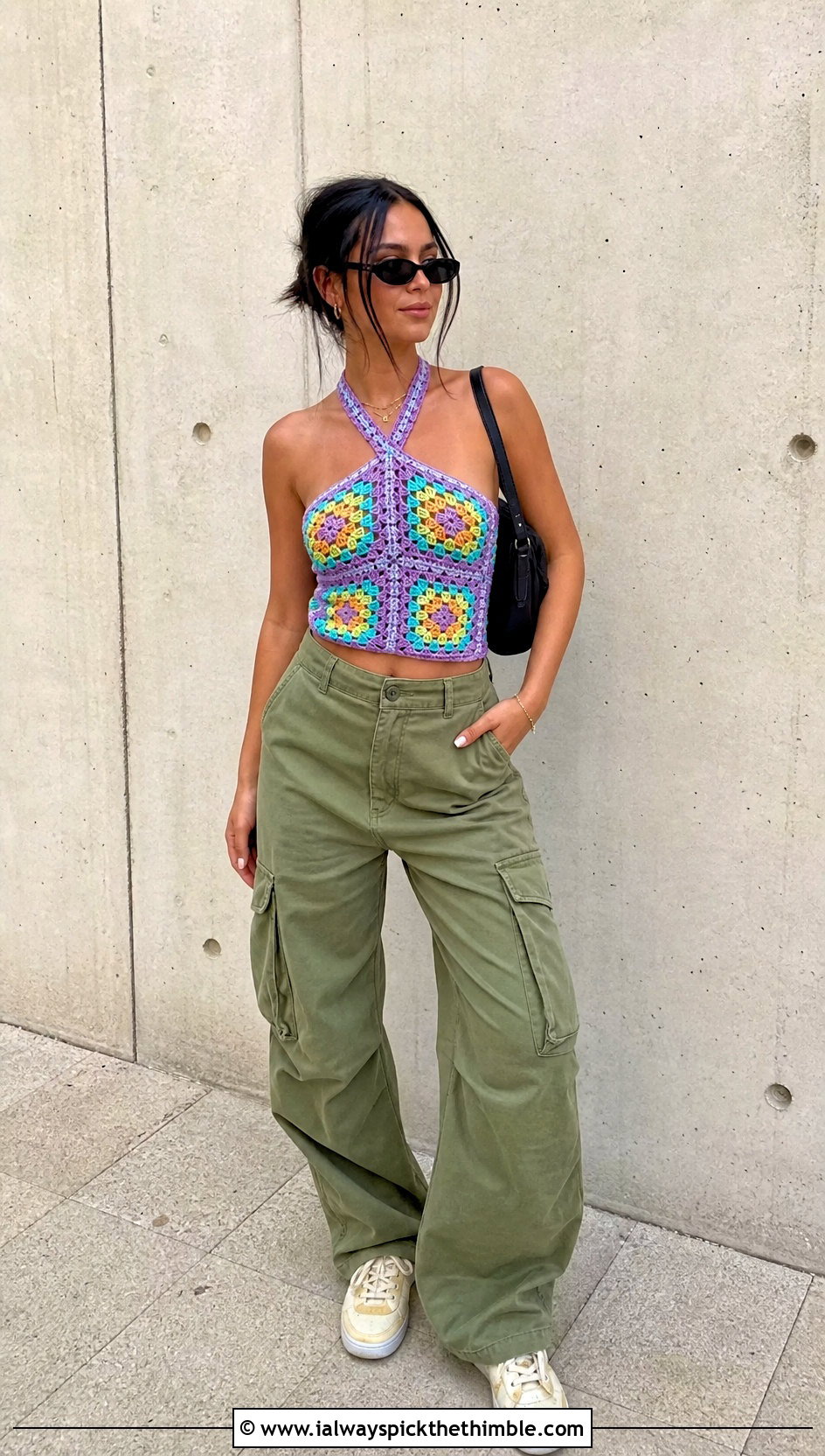 Granny Square Cross Top With Cargo Pants - 20 Crochet Cross Top outfit ideas