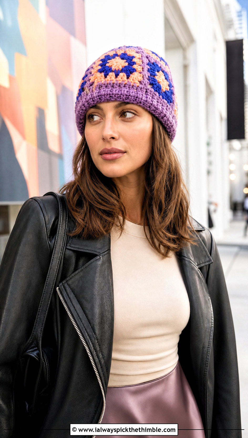 Granny Square Cuffed Crochet Beanie With Leather Jacket And Slip Skirt - 15 Cuffed Crochet Beanie outfit ideas