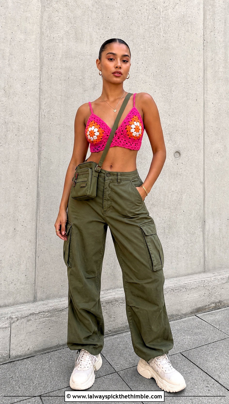 Granny Square Cup Crochet Top With Cargo Pants - 25 crochet cup top outfit ideas