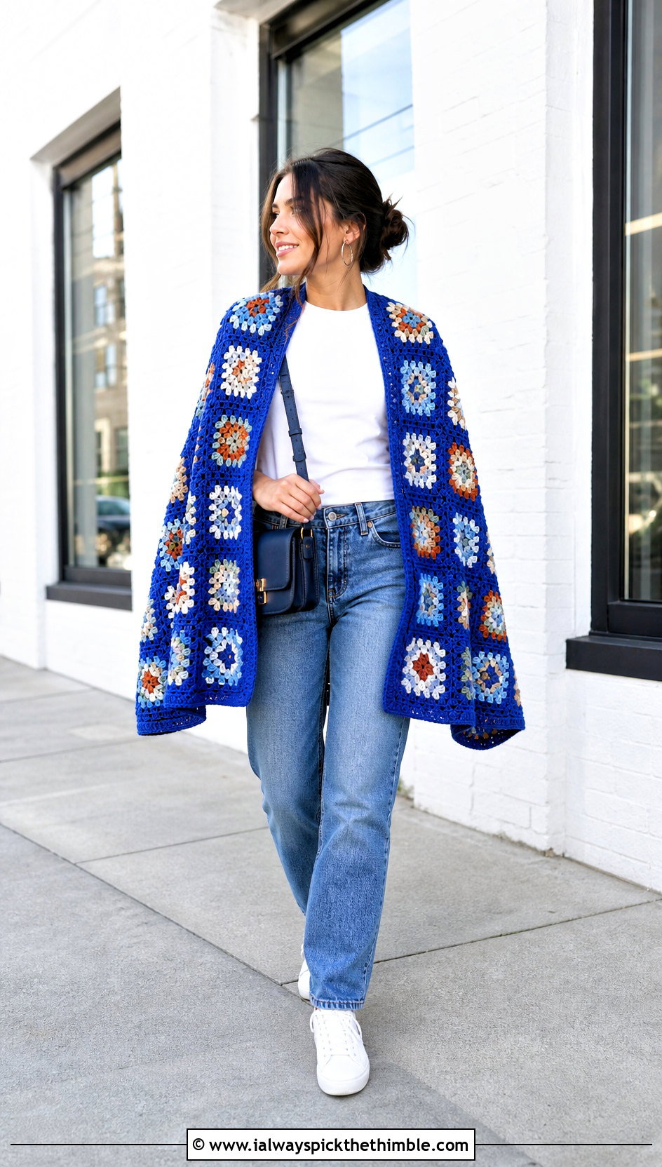 Granny Square DIY Crochet Cape With Straight Leg Jeans - 15 diy crochet cape outfit ideas