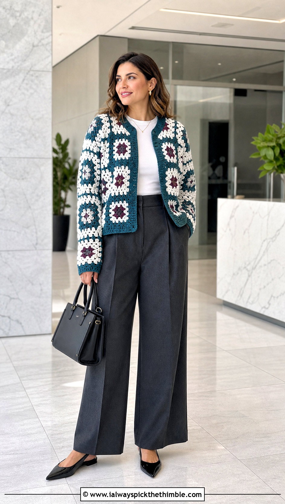 Granny Square DK Crochet Cardigan With Wide Leg Trousers - 20 Dk Crochet Cardigan outfit ideas