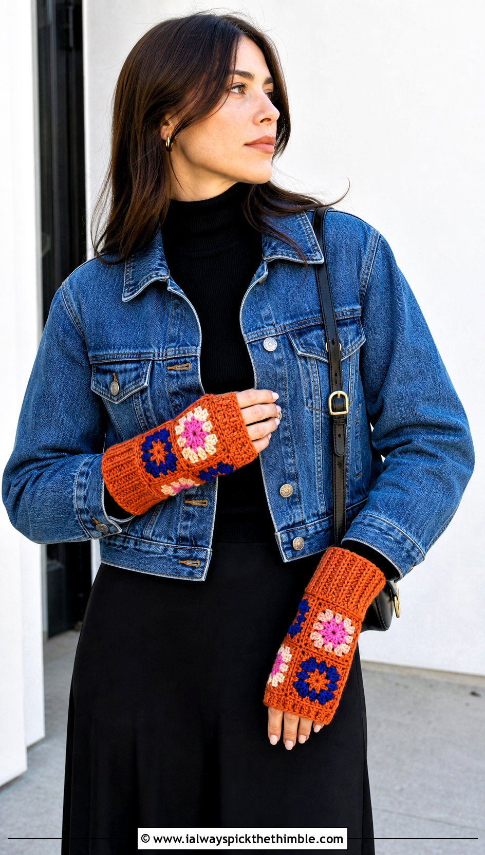 Granny Square DK Yarn Crochet Fingerless Gloves With Denim Jacket And Midi Skirt - 20 dk yarn crochet fingerless gloves outfit ideas