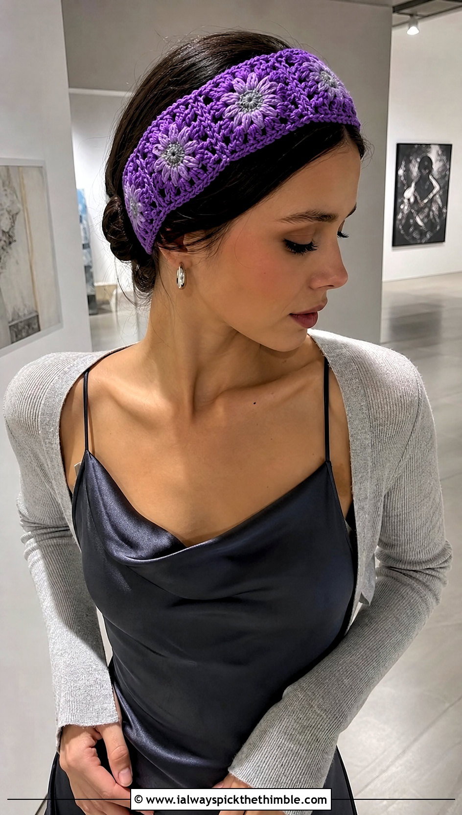 Granny Square Daisy Crochet Headband With Satin Slip Dress - 15 daisy flower crochet headband outfit ideas