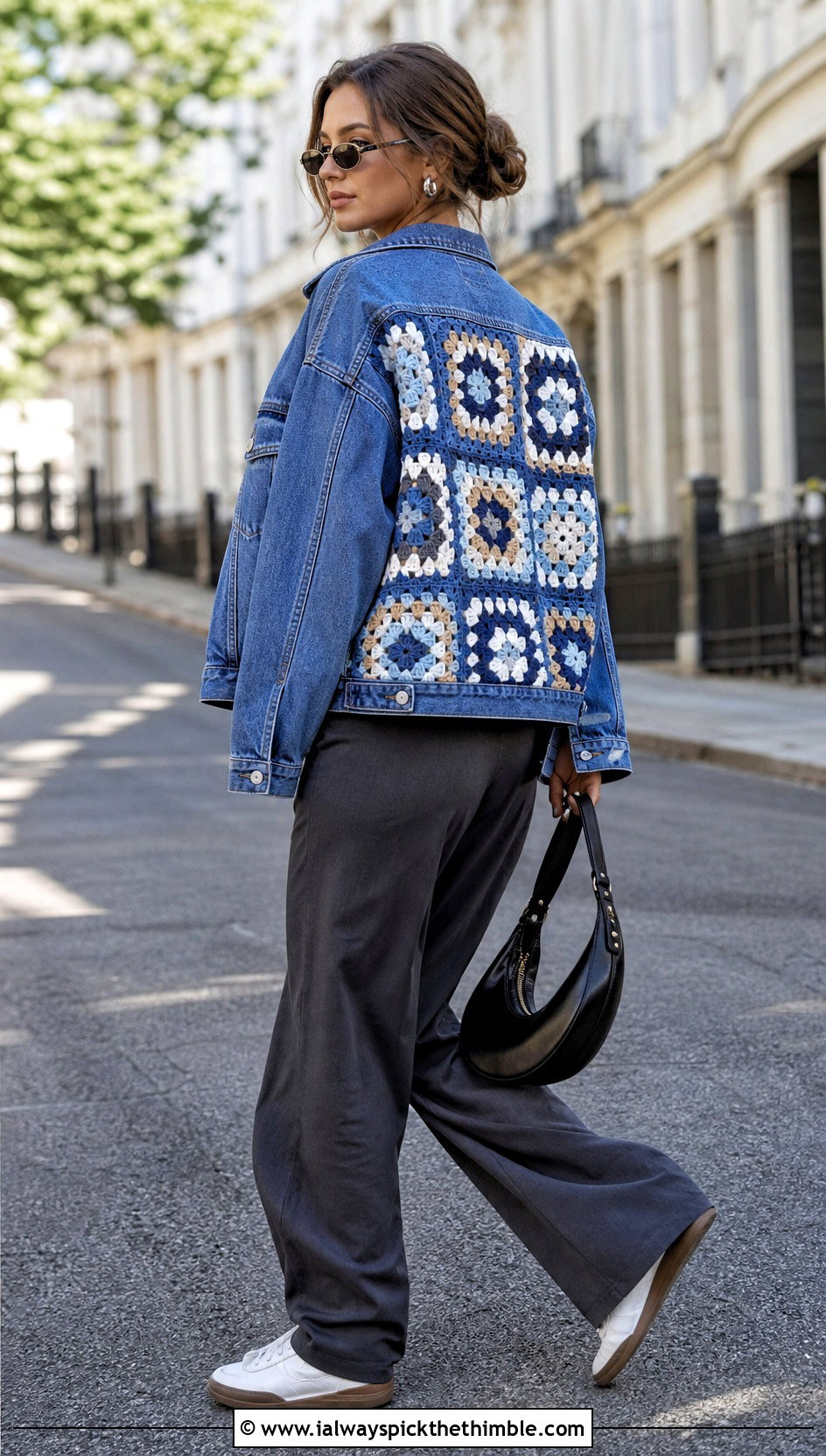 Granny Square Denim Jacket With Wide Leg Pants - 15 Crochet Clothes With Fabric outfit ideas