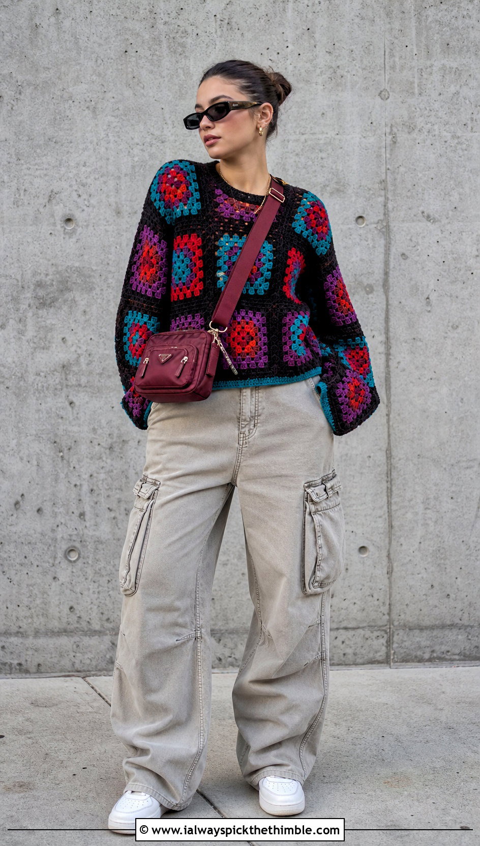 Granny Square Designer Crochet Sweater With Cargo Pants - 15 Designer Crochet Sweater outfit ideas