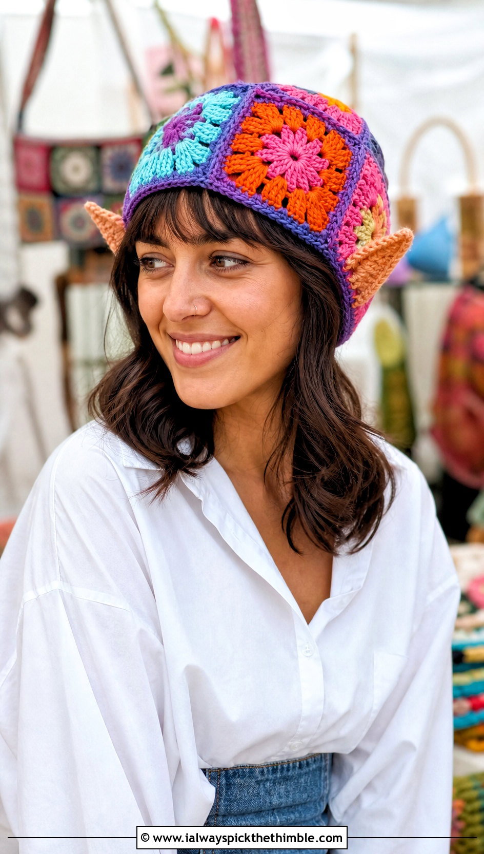 Granny Square Dobby Crochet Hat With White Shirt And Denim Skirt - 20 dobby crochet hat outfit ideas