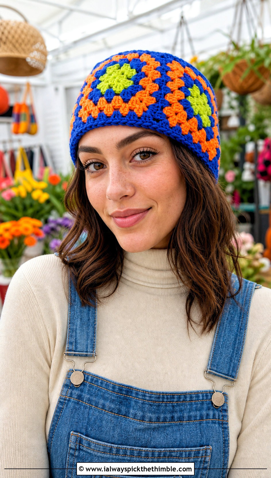 Granny Square Double Crochet Beanie With Denim Overalls - 25 double crochet beanie outfit ideas