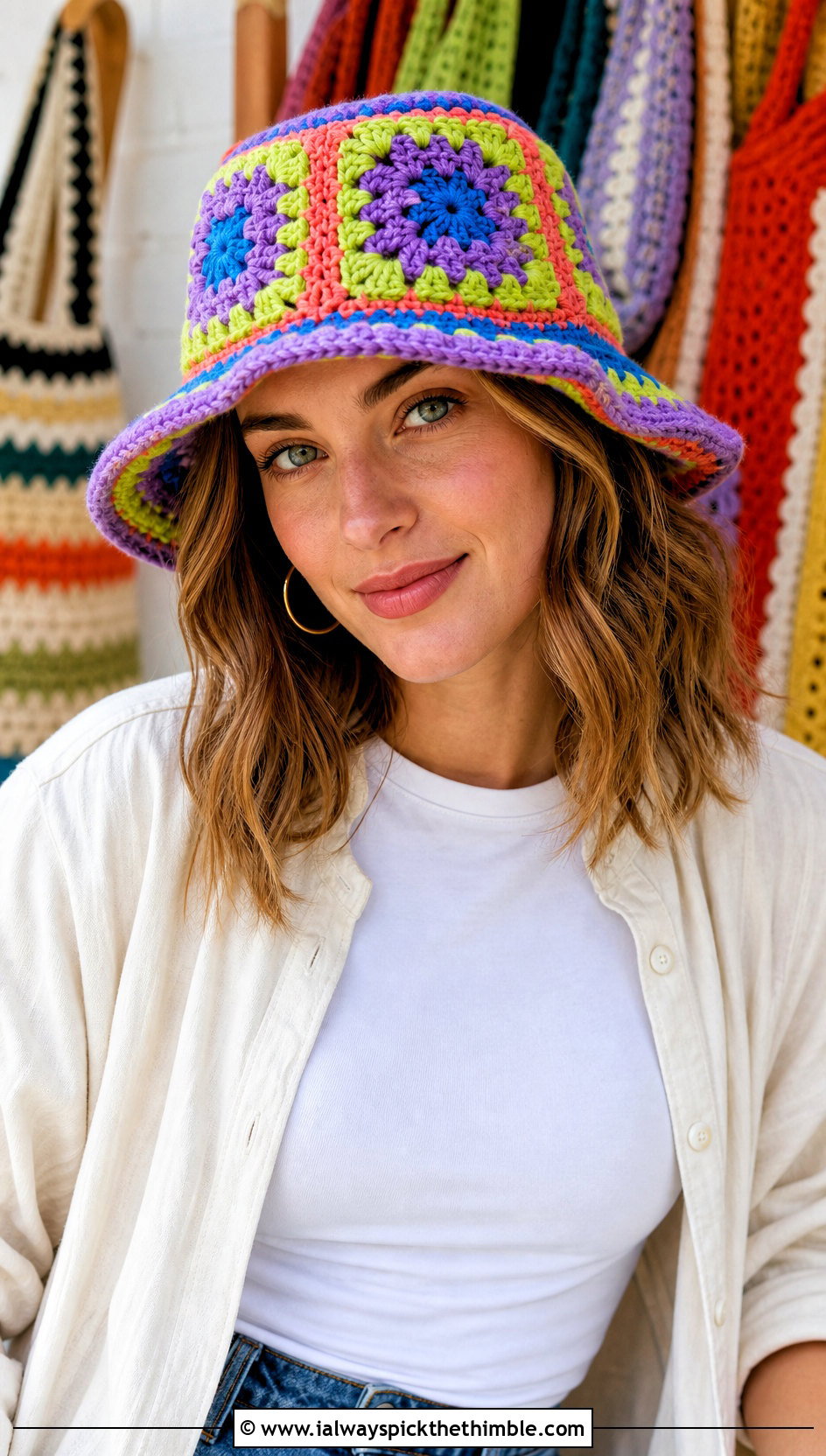 Granny Square Double Layer Crochet Bucket Hat With Carpenter Jeans - 15 Double Layer Crochet Hat outfit ideas