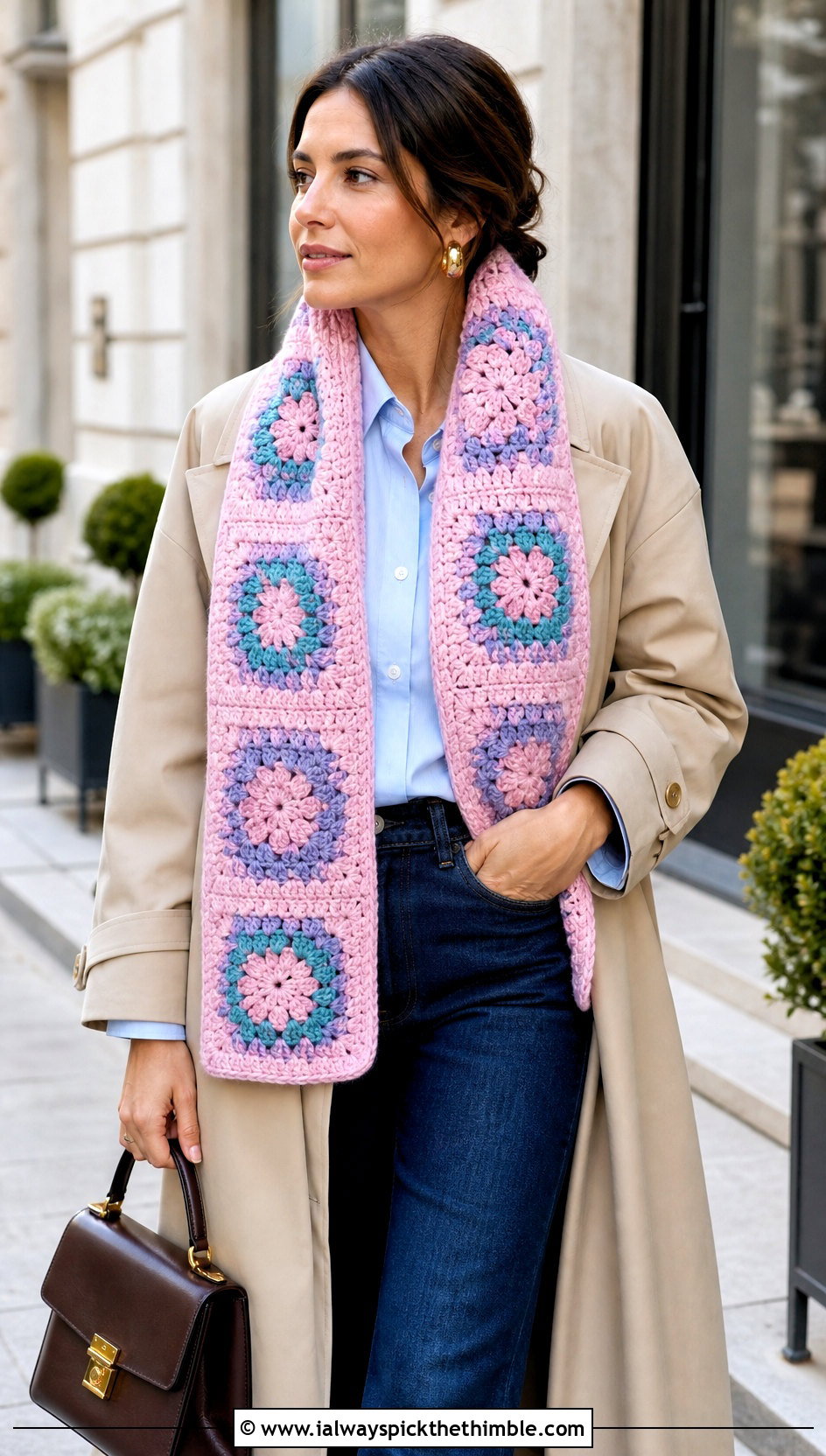 Granny Square Double Length Crochet Cowl With Trench Coat - 15 Double Length Crochet Cowl outfit ideas