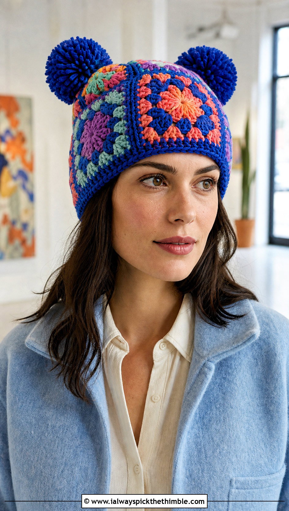Granny Square Double Pom Pom Crochet Hat With White Jeans - 20 Crochet Double Pom Pom Hat outfit ideas