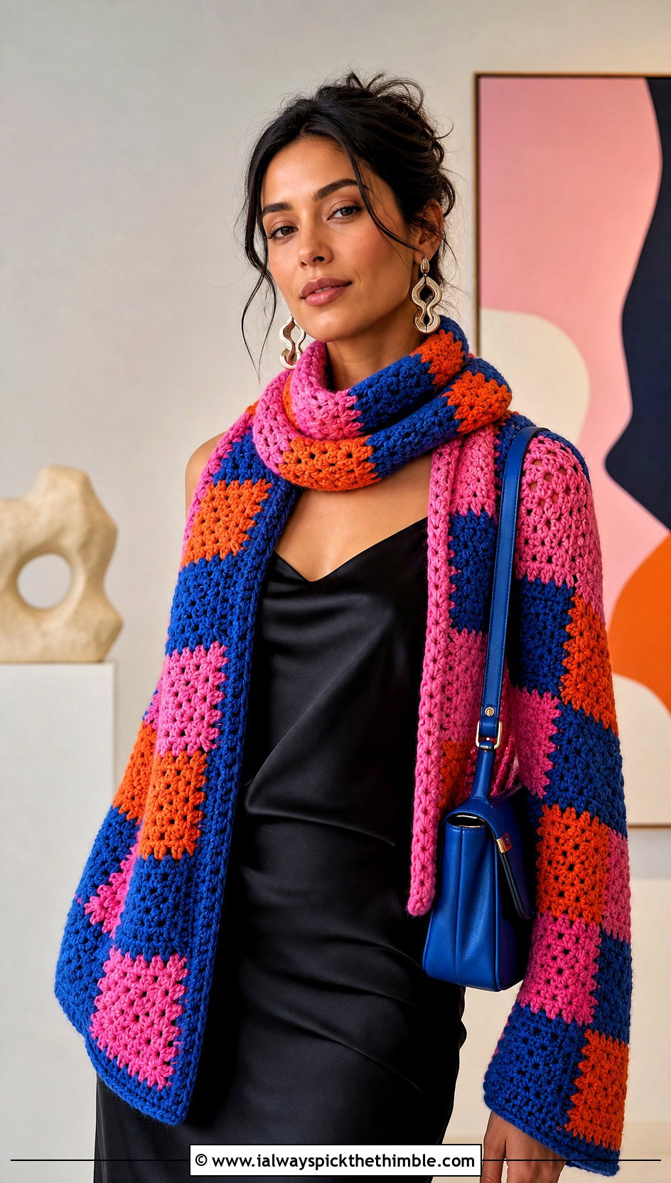 Granny Square Double Sleeve Scarf With Slip Dress - 20 crochet double sleeve scarf outfit ideas