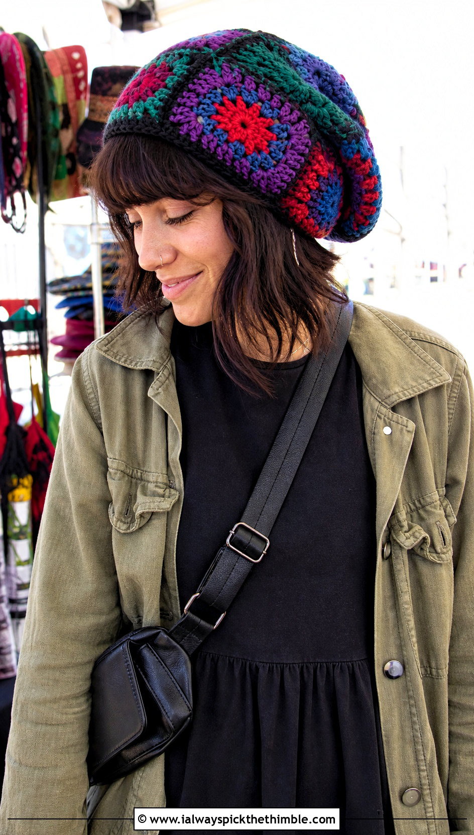 Granny Square Dread Cap With T Shirt Dress - 20 Crochet Dread Cap outfit ideas