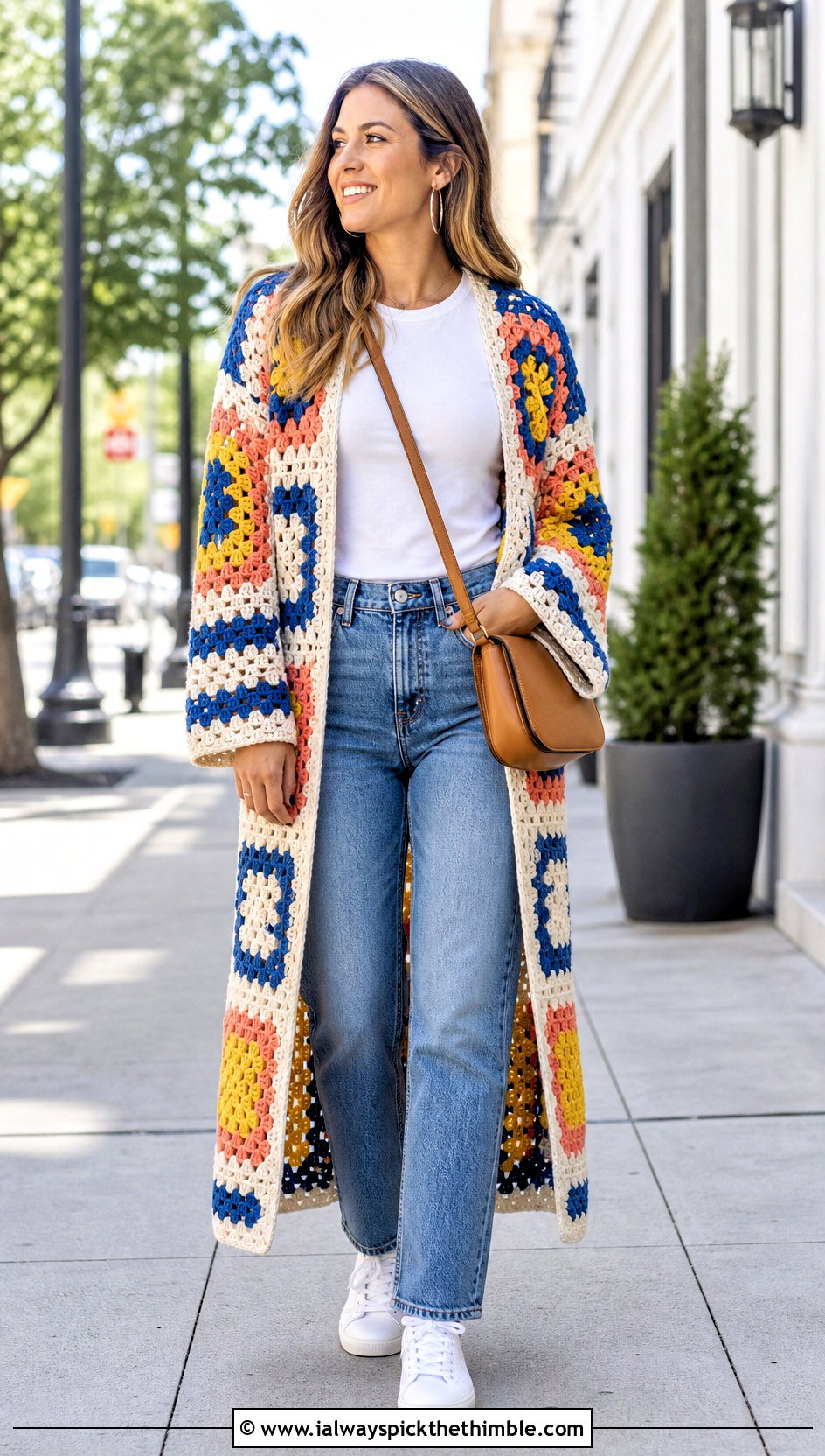 Granny Square Duster Cardigan With Straight Leg Jeans - 20 crochet long cardigan sweater coats outfit ideas