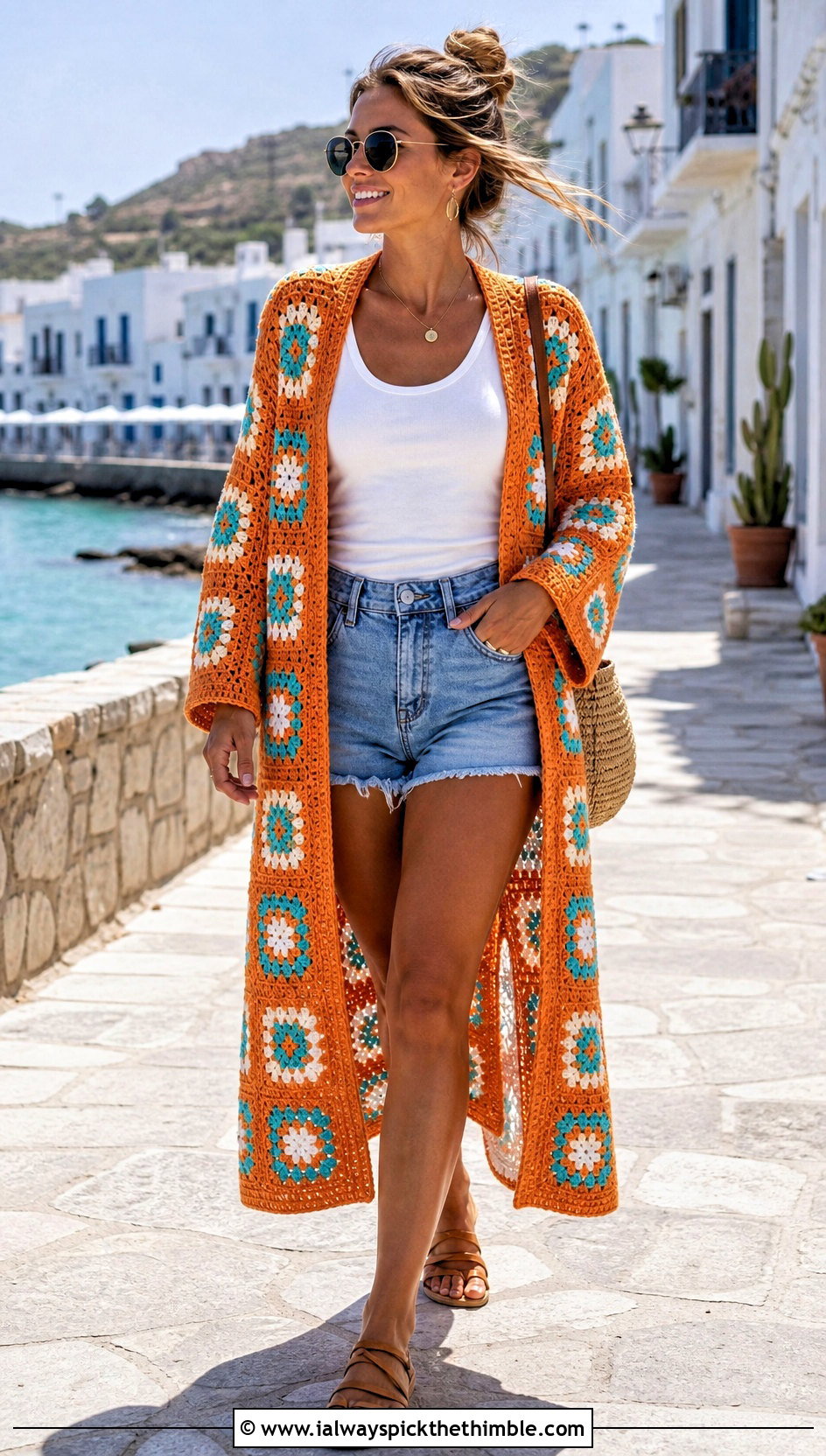 Granny Square Duster Coat With Denim Shorts - 20 granny square coat outfit ideas