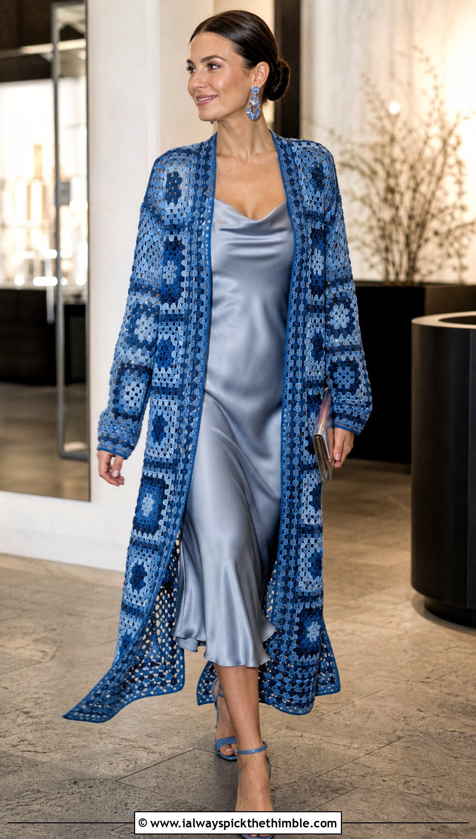 Granny Square Duster Coat With Satin Slip Dress - 20 crochet granny square coat outfit ideas