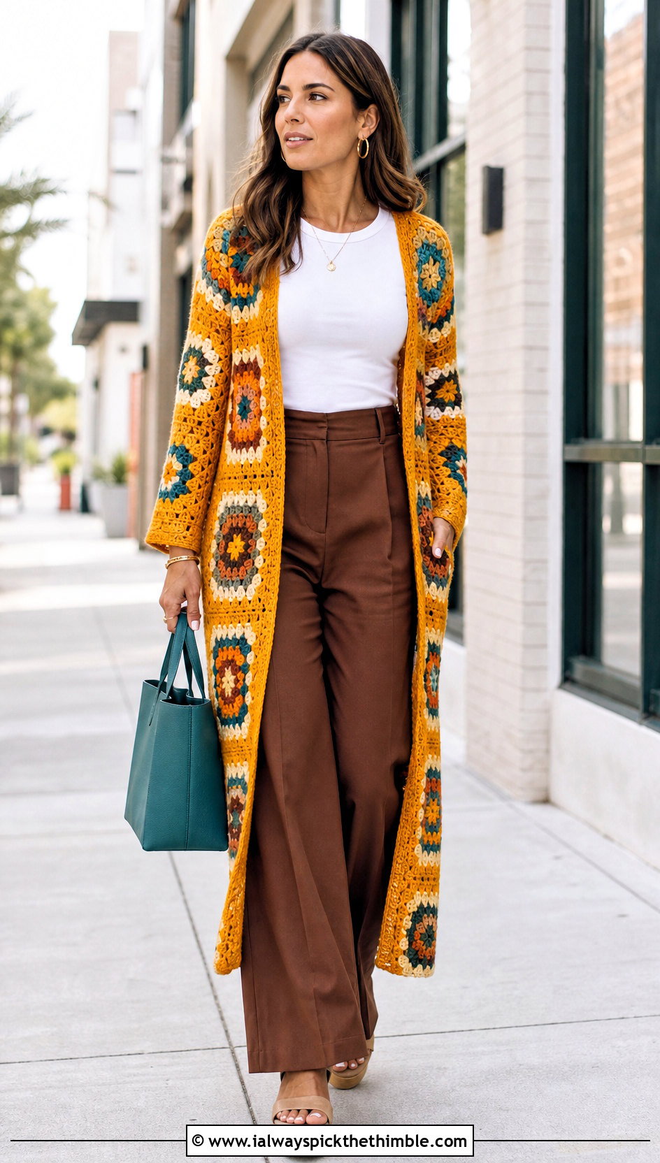 Granny Square Duster With T Shirt And Wide Leg Pants - 20 crochet granny square clothing and outfit ideas