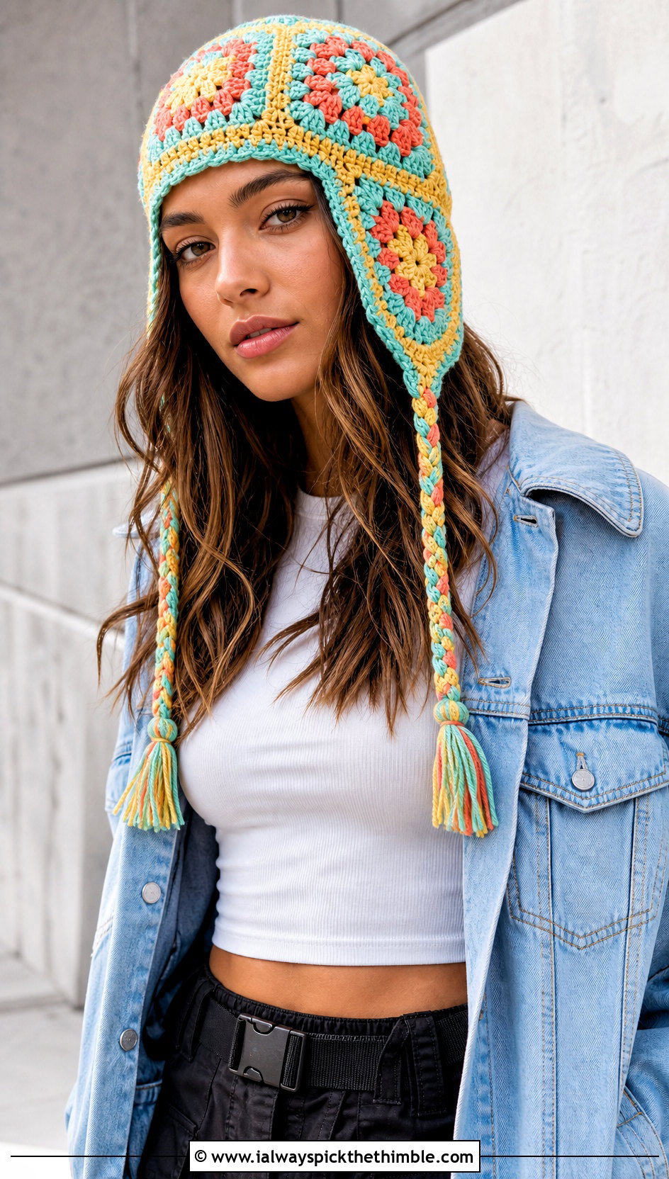 Granny Square Earflap Crochet Beanie With Denim Jacket - 20 Earflap Crochet Beanie outfit ideas